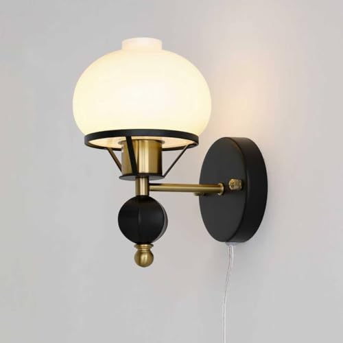 Plug in Wall Sconces, Hardwired Wall Lamp,Retro Black & Gold Color Blocking 1-Light Decorative wall Sconce with White Glass Spherical Shade, for Bedrooms Hallways Living Rooms Vanity