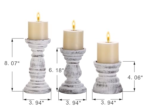 Rustic Wooden Pillar Candle Holders Set of 3 in Distressed White, Florence Style, Farmhouse Wooden Candle Holder, Wooden Candle Stand, Small Wooden Candlestick Holders, Living Room, Table Centerpiece - color: Rustic White