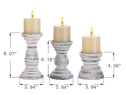 Rustic Wooden Pillar Candle Holders Set of 3 in Distressed White, Florence Style, Farmhouse Wooden Candle Holder, Wooden Candle Stand, Small Wooden Candlestick Holders, Living Room, Table Centerpiece - color: Rustic White