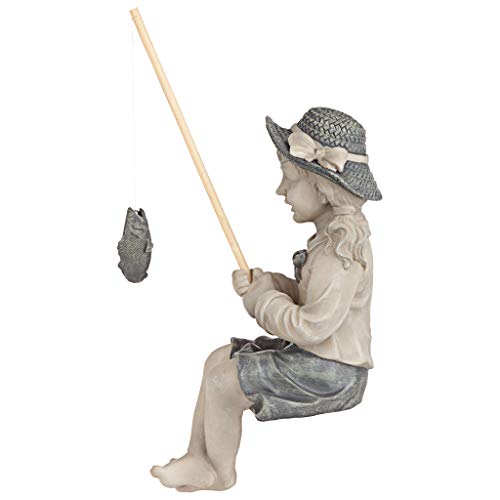 Design Toscano Big Catch Fisherwoman Nellie Girl with Fishing Pole Garden Statue, Medium 17 Inch Tall, Cast Stone Resin, Two Tone Stone Finish - color: Medium Nellies Big Catch