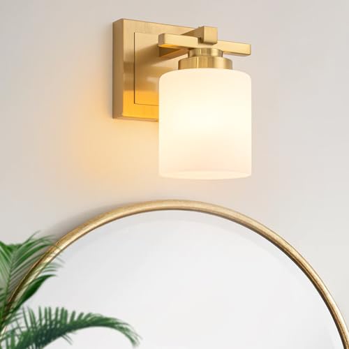 Modern Bathroom Light Fixtures Over Mirror, Vanity Lights for Bathroom Wall Sconces with Milky White Glass Shades, E26 Socket (Bulbs Not Included), 1 Light, Brass - color: Brass, size: 4.72 inch-1-Light