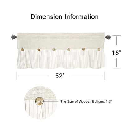 DOSLY Ides Farmhouse Rustic Beige Cotton Blend Striped Pleated Valance Curtain with Coconut Buttons for Kitchen, Living Room, Bedroom, 52" W x 18" L - color: Linen & Beige Stripe, size: 52"W x 18"L (Pack of 1)