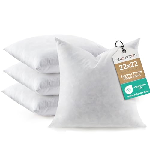 Feather Throw Pillow Inserts Set of 4, Soft Fluffy Square 22 x 22 Inches Decorative Pillow Insert, Feather and Down Euro Pillows for Bed, Couch and Cushion - size: 22 x 22-Inch