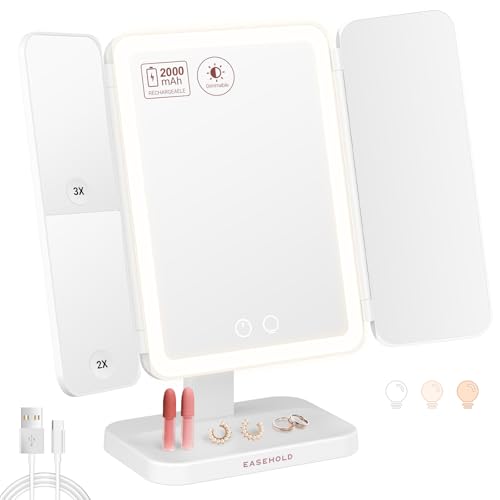 EASEHOLD 2000mAh Rechargeable Lighted Makeup Vanity Mirror, Foldable 64 LED - color: Cool White-2000 Mah Rechargable