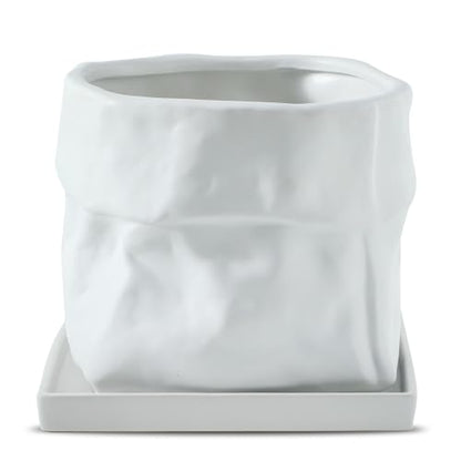 Nihow 8 Inch Ceramic Plant Pot with Drainage & Square Saucer,White - color: White, size: 8 Inch