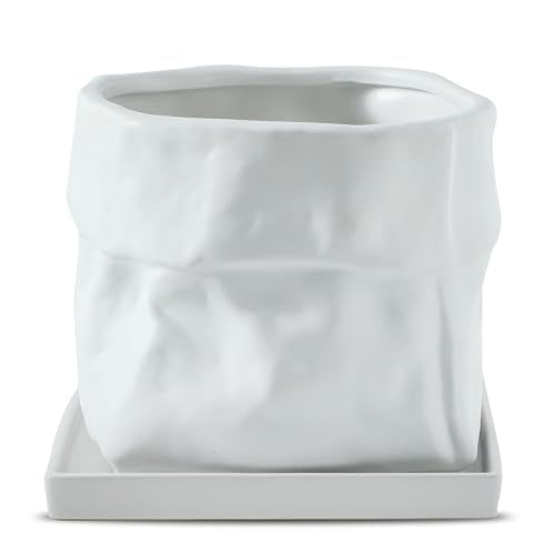 Nihow 8 Inch Ceramic Plant Pot with Drainage & Square Saucer,White - color: White, size: 8 Inch