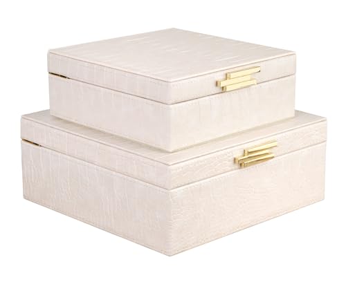 HofferRuffer Square Decorative Boxes, Set of 2 Nesting Storage Memory Keepsake Boxes with Lids, Stylish PU Leather Trinket Jewelry Organizer Box for Home Decor and Storage (CreamWhite Croco) - color: CreamWhite Croco