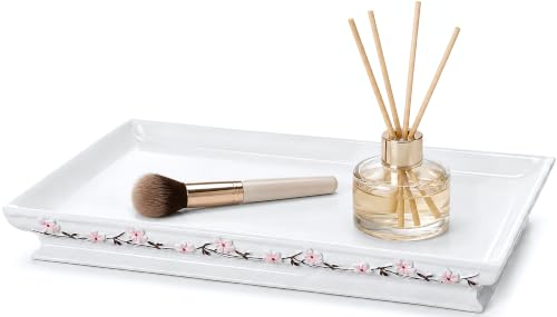 Creative Scents Vanda Bathroom Vanity Tray – Decorative Cherry Blossom White Resin Perfume Tray for Dresser -Small Rectangle Floral Tray for Bathroom Countertop, Perfume, & Dresser Cosmetics Organizer - style: Vanity Tray