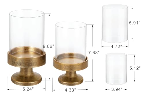 Set of 2 Glass Hurricane Candle Holders for Pillars with Metal Base in Gold, Glass Candle Holder, Centerpiece, for Weddings, Dinner Parties, Dining Tables, Console Tables, Mantels - color: Antique Gold, size: Set of 2 Riser