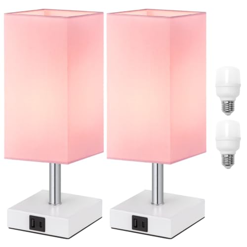Touch Table Lamps Set of 2 for Bedroom - Dimmable, USB C+A, White Base - color: Pink & White(2PCS)