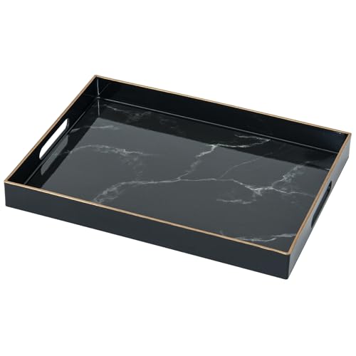 Serving Tray with Handles, Large Black Marble Plastic Tray, 15.7 x 11.8 x 1.6 Inch Rectangular Decor Coffee Table Tray with Storage for Bedroom, Living Room, Dining Room, Party & Patio Pool