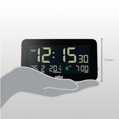 Braun Digital Alarm Clock with Date, Month and Temperature Displayed, Negative LCD Display, Quick Set, Crescendo Beep Alarm in Black, Model BC10B (1-Pack) - color: Black