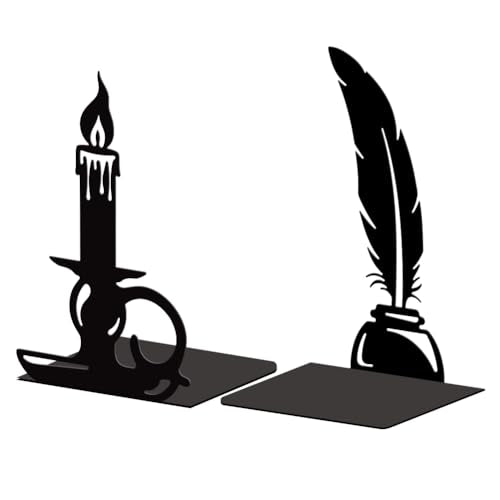 Peacoblue 5.3"x4.3"x7.9" Metal Bookends, Heavy Duty Book Ends for Shelves - style: Quill Pen and Candlestick