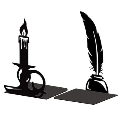Peacoblue 5.3"x4.3"x7.9" Metal Bookends, Heavy Duty Book Ends for Shelves - style: Quill Pen and Candlestick