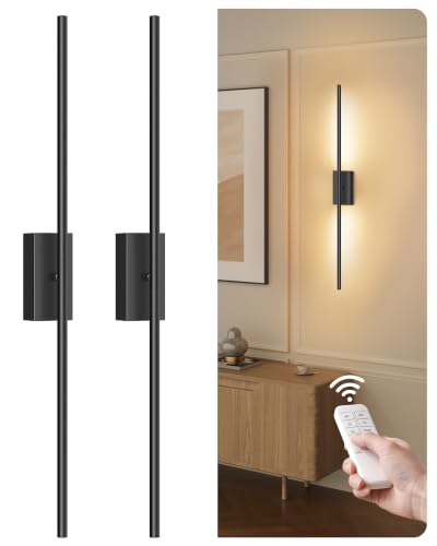 34.6" Wireless Battery Operated Wall Sconces Set of Two,Rechargeable Lamp with Remote, 360° Rotation, 10000mAh Battery, Touch Dimmable Lights for Living Room Hallway Bedroom, Black B05YBP205 - color: Black, size: 34.6 Inches