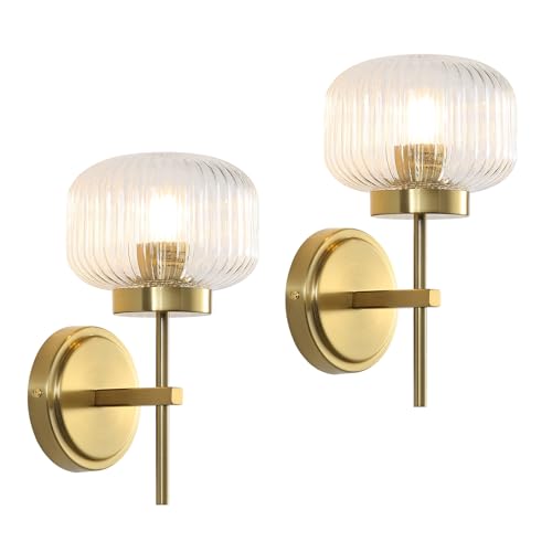 Hardwired Gold Wall Sconces Set of 2, Up/Down Adjustable Modern Wall Light Fixtures with Ribbed Glass Shade for Bedroom Bathroom Hallway - color: Gold-AC