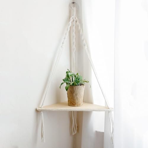 Artilady Macrame Corner Shelf Wall Hanging, Boho Floating Shelves Storage - color: White - 1 Tier