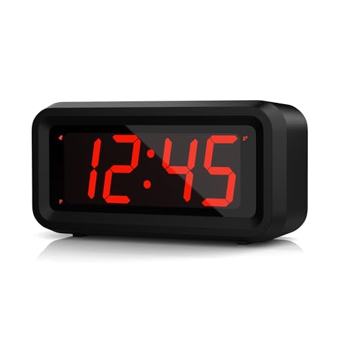 Alarm Clock,1.2'' LED,Cordless,Battery Operated,3-Level Brightness,12/24Hr - color: Black Case-red Led