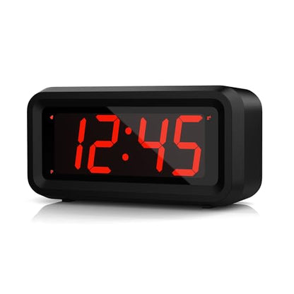 Alarm Clock,1.2'' LED,Cordless,Battery Operated,3-Level Brightness,12/24Hr - color: Black Case-red Led