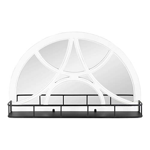 Kate and Laurel Hollowday Rustic Wood Framed Arched Wall Mirror with Shelf, 18.5 x 30, White and Black, Farmhouse Wall Decor