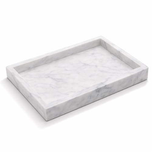 Natural White Marble Tray for Bathroom | Kitchen | Vanity | Desktop, Stone Organizer for Coffee Table, Dresser, Nightstand, Candles, Soap, Towel, Plant, Jewelry (10" x 6"), Rectangular - color: White, size: 6" x 10" x 1.5"
