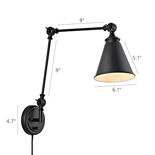 WINGBO Farmhouse Swing Arm Wall Sconce Set of 2, Industrial Adjustable Wall Lamp Light Fixture for Living Room Bedroom Vanity Study Desk Office, Plug in or Hardwired, Black - color: Black
