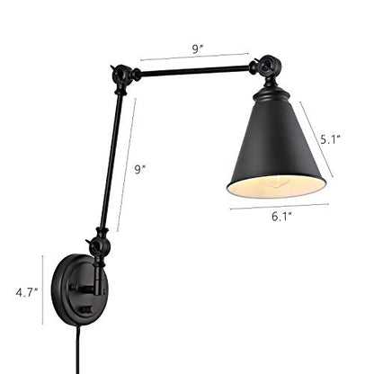 WINGBO Farmhouse Swing Arm Wall Sconce Set of 2, Industrial Adjustable Wall Lamp Light Fixture for Living Room Bedroom Vanity Study Desk Office, Plug in or Hardwired, Black - color: Black