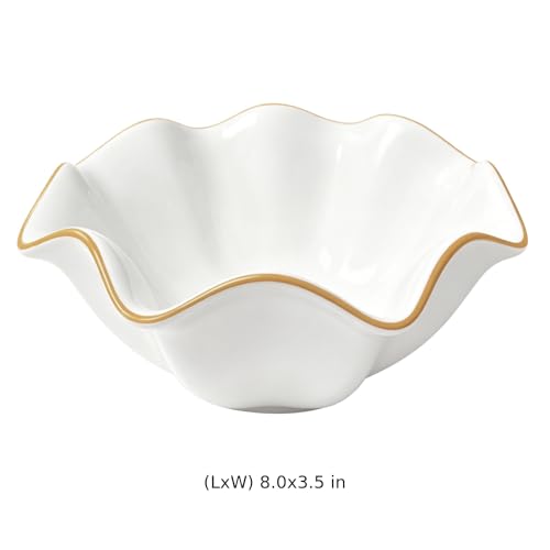 8 in White Ceramic Decorative Bowl, Ruffle Edge Serving Bowl with Golden Rim, 320 oz Shallow Fruit Container for Kitchen Counter, Dining Table Centerpiece, Entry Decor, Housewarming Present