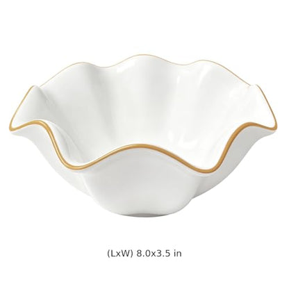 8 in White Ceramic Decorative Bowl, Ruffle Edge Serving Bowl with Golden Rim, 320 oz Shallow Fruit Container for Kitchen Counter, Dining Table Centerpiece, Entry Decor, Housewarming Present