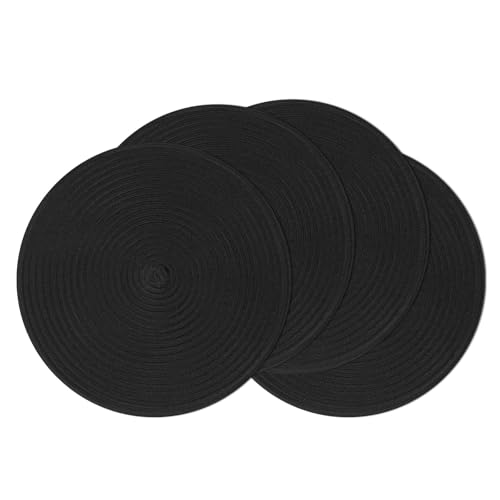 SHACOS Round Braided Placemats Set of 4 Heavy Cotton Polyester Washable Round Table Mats for Dining Tables 15 inch Non Slip Heat Resistant (Black, 4) - color: Black, size: Set of 4