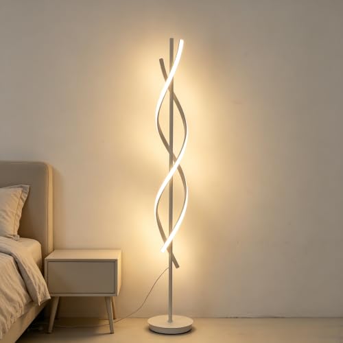 Modern Spiral Floor Lamp 62" Tall, Dimmable LED Corner Light with Remote & 3 Color Temperatures, White Standing Lamp for Bedroom Office Living Room