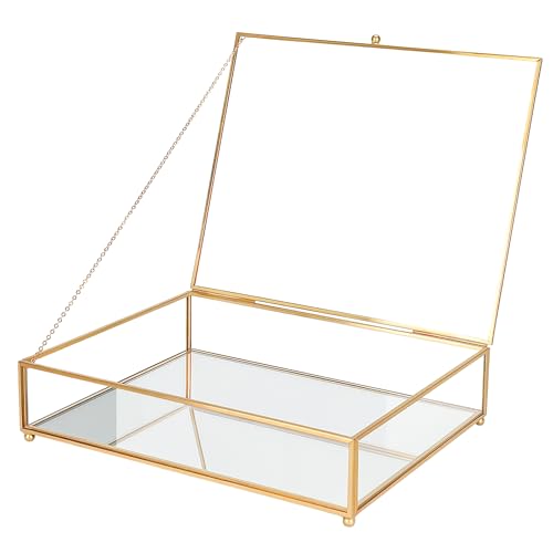 REDHUGO Large Glass Boxes for Display Handmade, Mirrored Bottom, Gold | Handmade Glass Display Box with Mirrored Bottom and Lid, Ideal for Jewelry, Trinkets, Photos, Keepsakes and Vanity Decor - color: Gold, size: Low: 10.4"L × 8.5"W × 2.6"H
