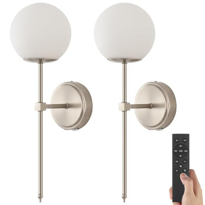 Globe Battery Operated Sconce Set of 2 with Clear Glass Lampshade - color: Brushed Nickel-Frosted White