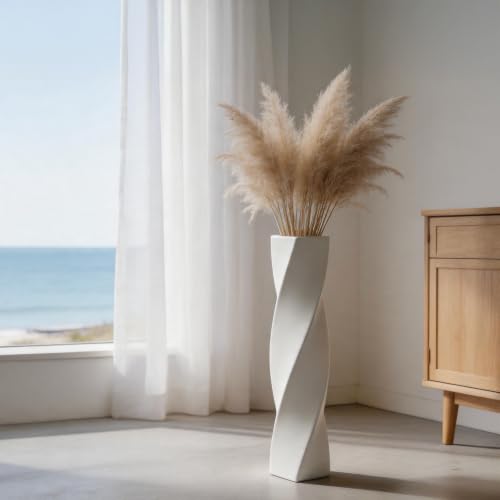 Matte White Square Twisted Tall Floor Vase 27.5 Inch, Modern Resin Decorative Vase for Dried Flowers Pampas Grass Branches, Heavy Base Solid Color Floor Vase for Living Room Entryway - color: White, size: 27.5 in