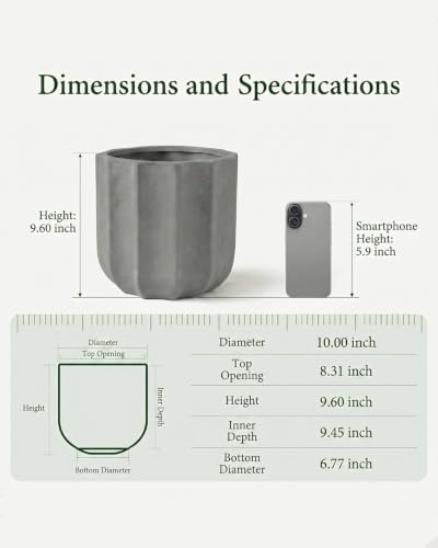 10 Inch Ceramic Plant Pot for Indoor Plants with Drainage Hole - color: Grey 10"