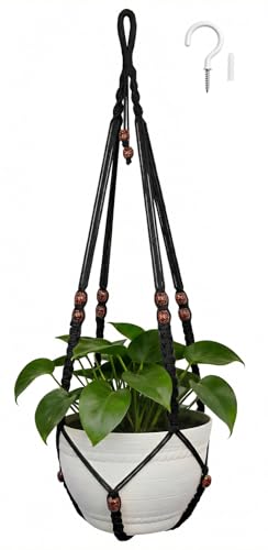 35 Inch Macrame Plant Hanger, Large for up to 15 Inch Pot Extra Long Hanging Planter Holder Basket with Wood Beads for Indoor Outdoor Home Decor (Black, 1-Pack) - color: Black, size: 1-Pack