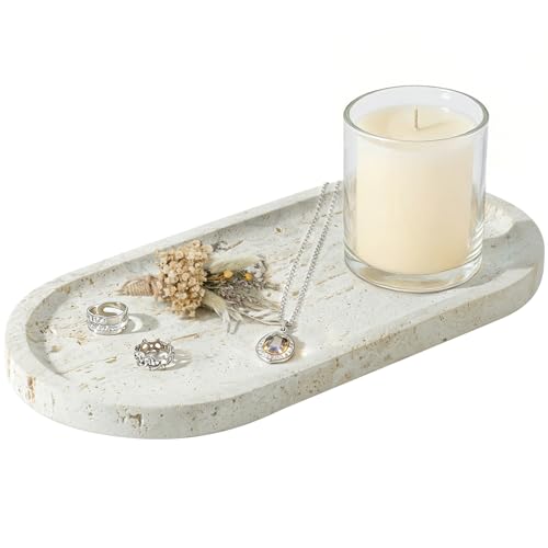 Natural Travertine Marble Tray, Bathroom Dresser Tray for Countertop, Decorative Dish Organizer for Jewelry, Toiletries, Cosmetics, Incense, Candles
