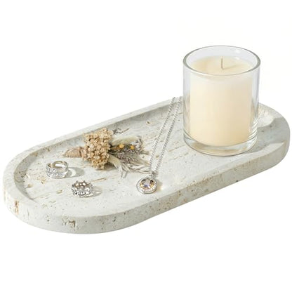 Natural Travertine Marble Tray, Bathroom Dresser Tray for Countertop, Decorative Dish Organizer for Jewelry, Toiletries, Cosmetics, Incense, Candles