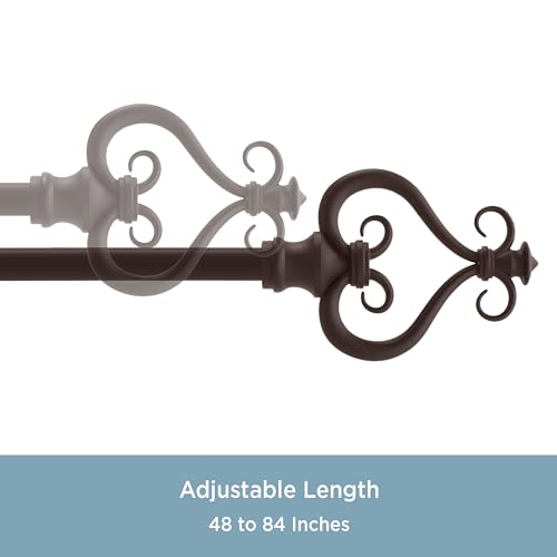 Kenney KN65407 Serena Large Plastic Heart Scroll End Standard Decorative Window Curtain Rod, 48-84" Adjustable Length, Chocolate Finish, 5/8" Diameter Steel Tube - size: 48-84"