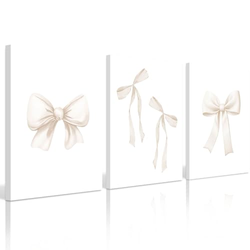 Preppy Bow Wall Art Decor Set of 3 Beige Coquette Wall Art Aesthetic Canvas Posters Trendy Girly Wall Decor Beige Bow Prints Preppy Pictures for Living Room College Apartment 12x16 Inch Ready to Hang - color: Beige Bow Prints, size: 12x16 Inch Wrapped Can
