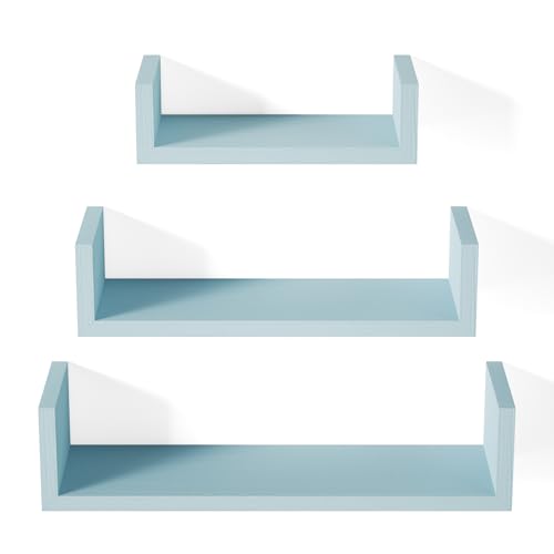 SRIWATANA Blue Floating Shelves, Set of 3 Wood Wall Mounted Display Shelf - color: Blue
