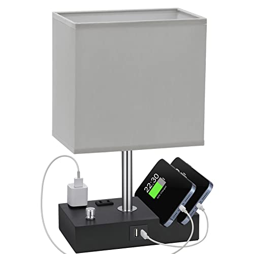Grey Table Lamp for Bedroom - Stepless Dimmable, USB C+A, 2 AC Outlets - color: Misty Grey with Knob Switch, size: 1 Pack