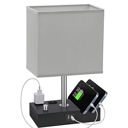 Grey Table Lamp for Bedroom - Stepless Dimmable, USB C+A, 2 AC Outlets - color: Misty Grey with Knob Switch, size: 1 Pack