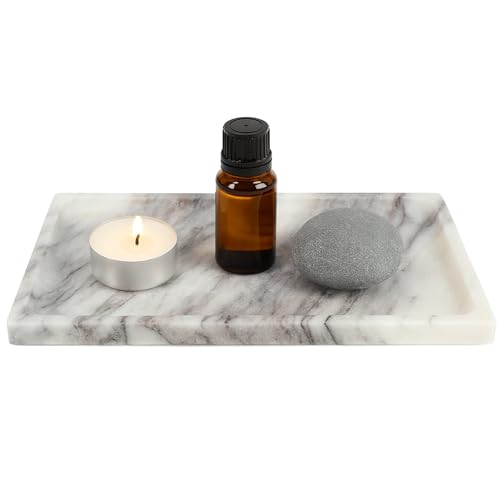 White Marble Vanity Tray – 10.63"x5.91" Rectangular Natural Stone Organizer for Bathroom Perfume Makeup Jewelry Dresser Entryway - color: Rectangular Plum Blossom White