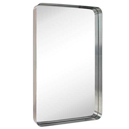 TEHOME 24x36 inch Brushed Nickel Silver Metal Framed Bathroom Mirror for Wall in Stainless Steel Silver Rounded Rectangular Bathroom Vanity Mirrors Wall Mounted… - color: Brushed Nickel, size: 36"L x 24"W