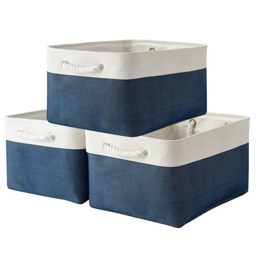 TheWarmHome Collapsible Storage Bin for Shelves - Large 3 Pack 16x12x8 inch Storage Basket for Organizing with Handles, Canves Storage Box for Organizer Toy Closet Cloth Gift (White & Jean Blue) - color: White & Blue, size: 3PCS/Large - 15.7Lx11.8Wx8.3H