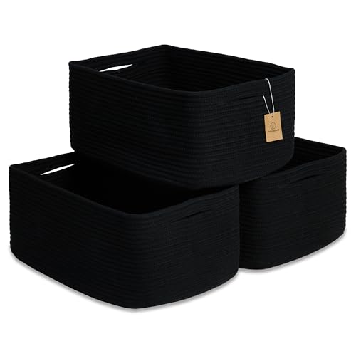 NaturalCozy Storage Baskets 16.8”x13”x7.6” Cotton Rope Woven Baskets for Organizing 3-Pack | Toy Storage Bins | Basket for Shelves, Laundry, Blanket, Clothes, Closet, Kitchen, Bathroom, Gifts - color: Black