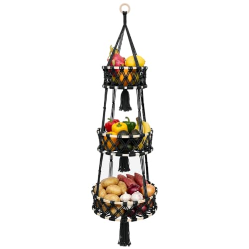 3-tier Hanging Fruit Baskets for Kitchen, Woven Cotton Rope Fruit Hammock, Macrame Hanger Holder for Fruit Vegetable Produce Storage & Organization, Boho Hanging Plant Holder for Indoor Outdoor - color: Black