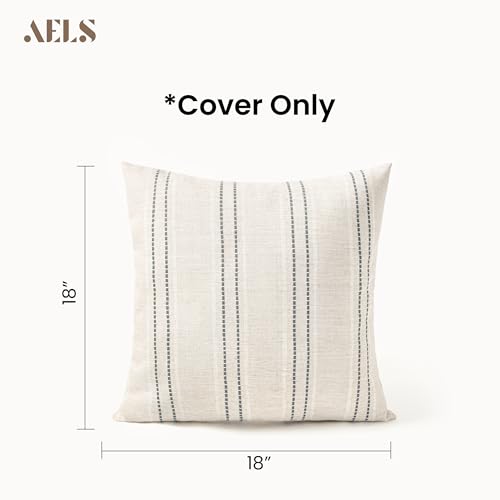 AELS 18x18 Decorative Farmhouse Linen Blend Throw Pillow Covers, Boho Textured Pillow Case, Set of 2, Beige with White & Gray Stitch Yarn Dyed Stripe Cushion Cover for Sofa Living Room (Cover ONLY) - color: Beige With White & Gray, size: 18" x 18" (Pack o