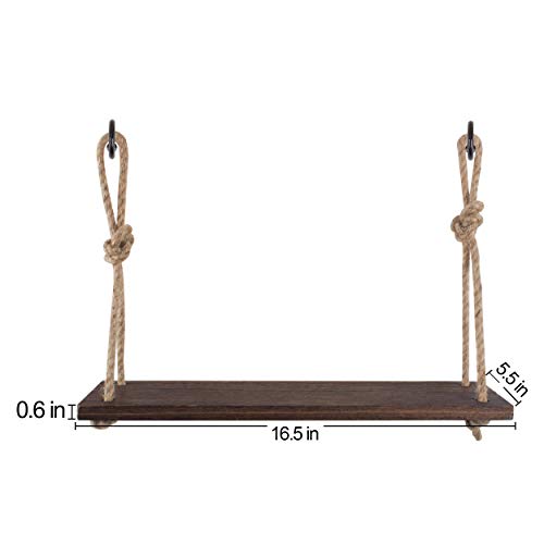 Rope Hanging Floating Shelves, Rustic Wood Wall Decor Swing Shelf with 4 Hooks, Pack of 2